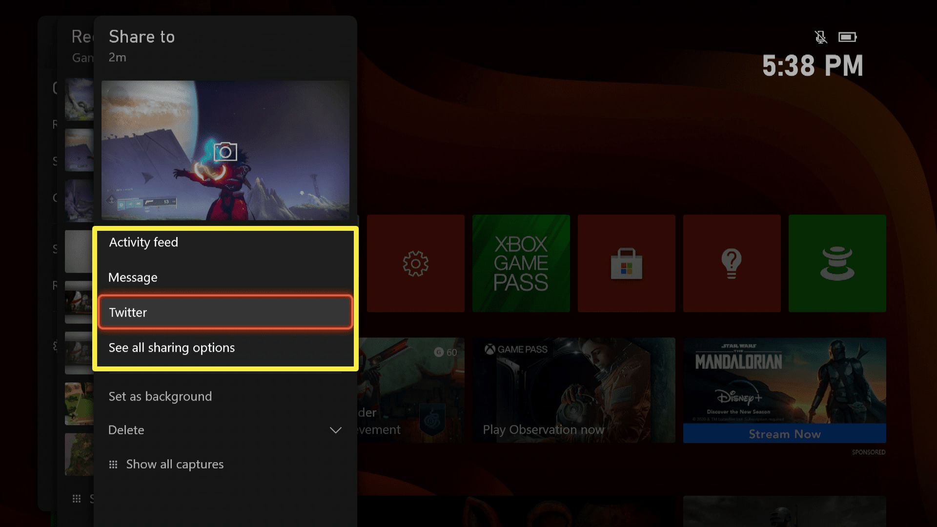 Snímek obrazovky s možnostmi sdílení pro Xbox Series X / S.