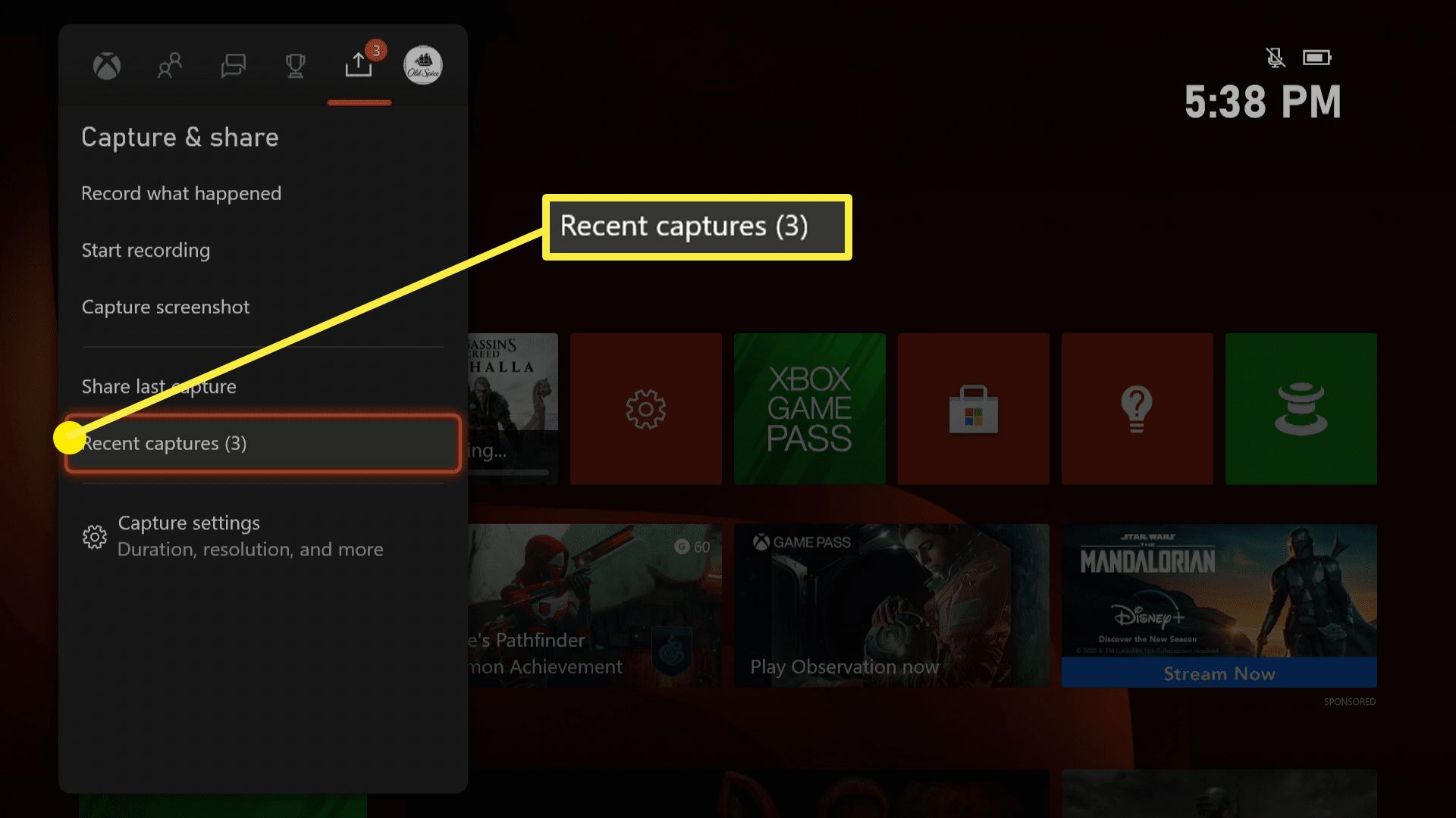 Snímek obrazovky nabídky snímání a sdílení pro Xbox Series X / S.