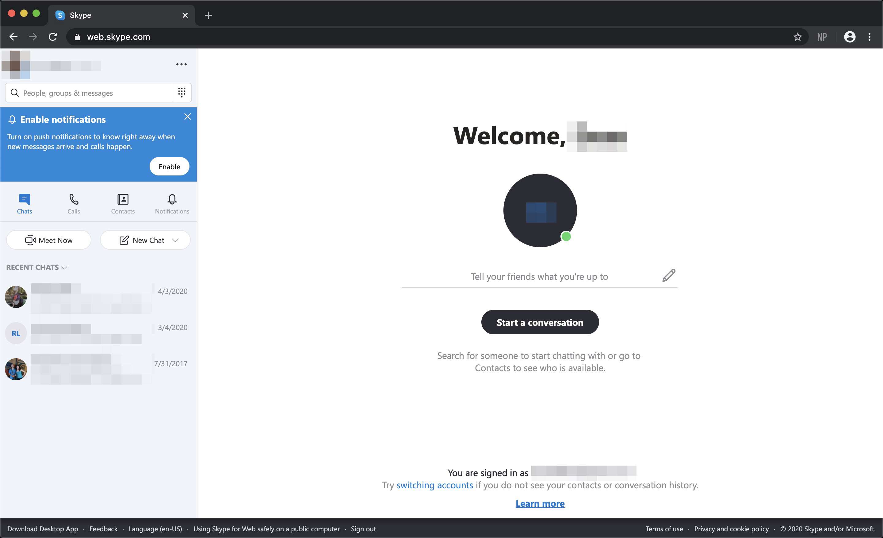 Snímek obrazovky s webovou verzí Skype v prohlížeči Chrome