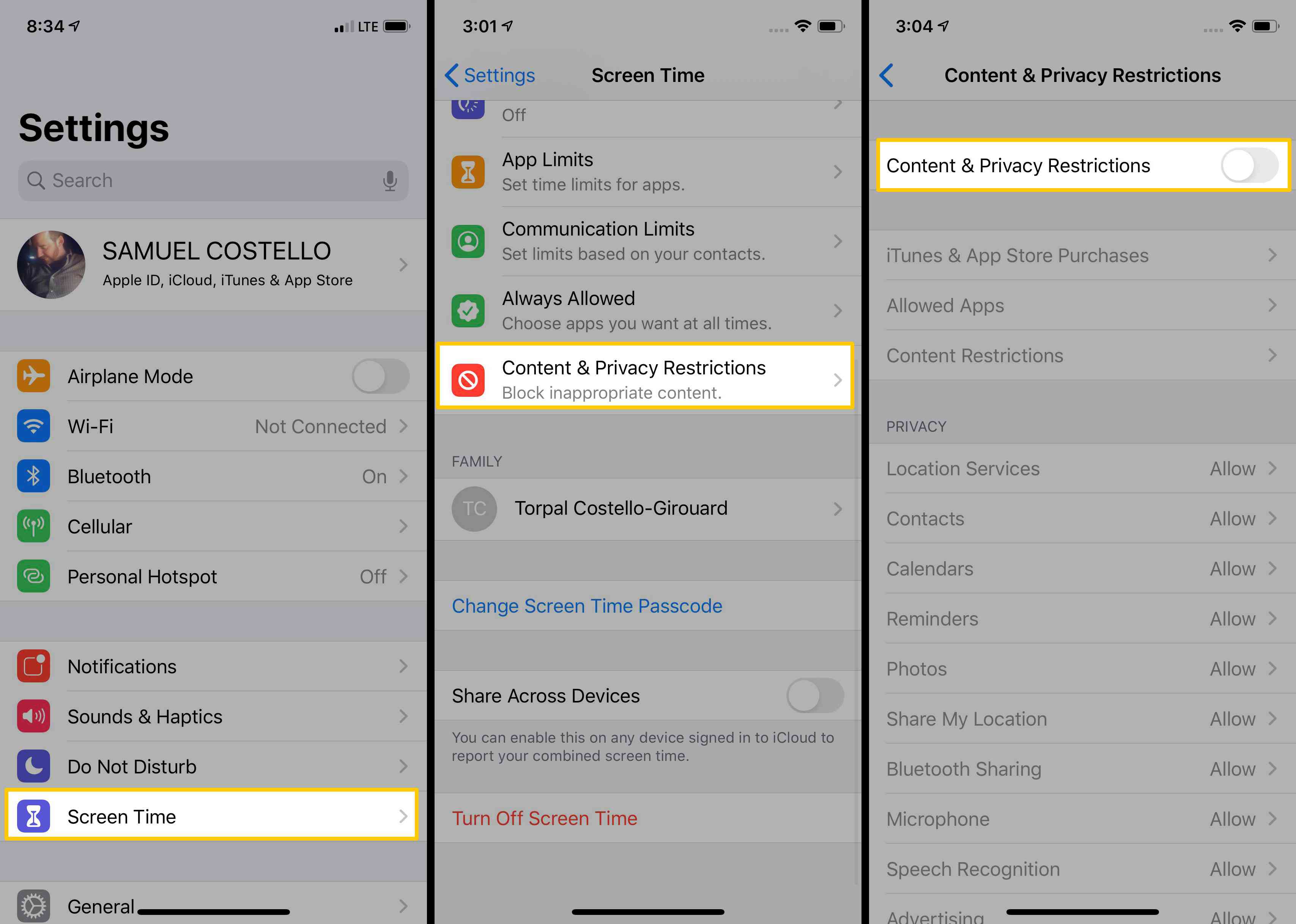 Screenshoty ukazující, jak přepnout na Omezení obsahu a soukromí na iOS.