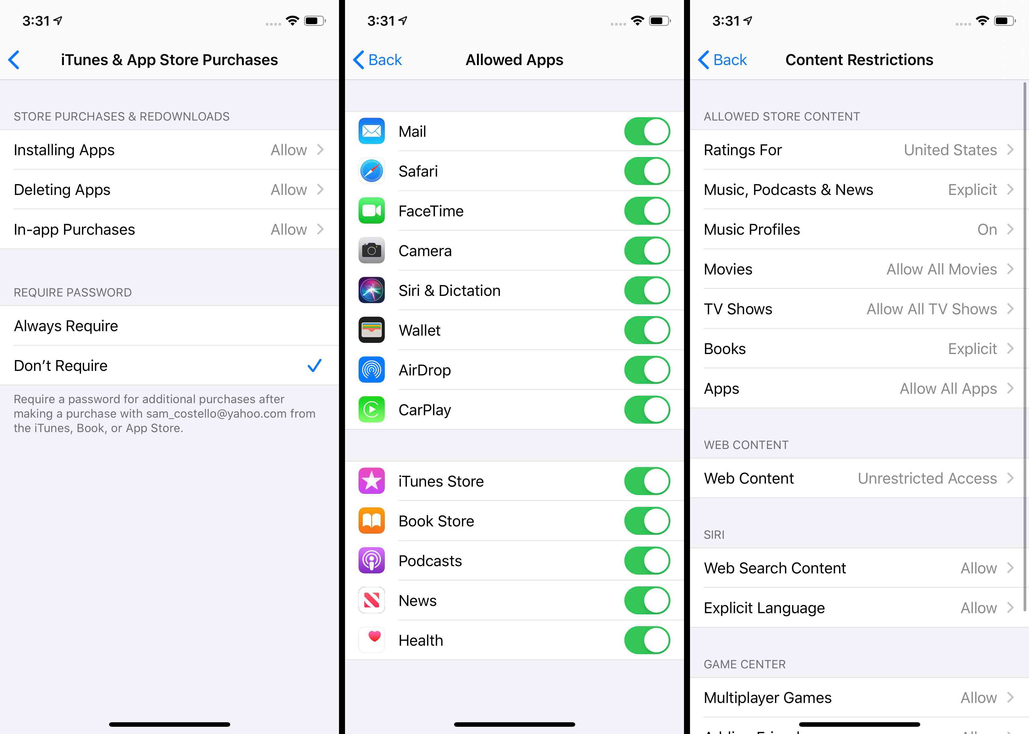 Screenshoty zobrazující oprávnění k nákupu, povolené aplikace a omezení obsahu v systému iOS.