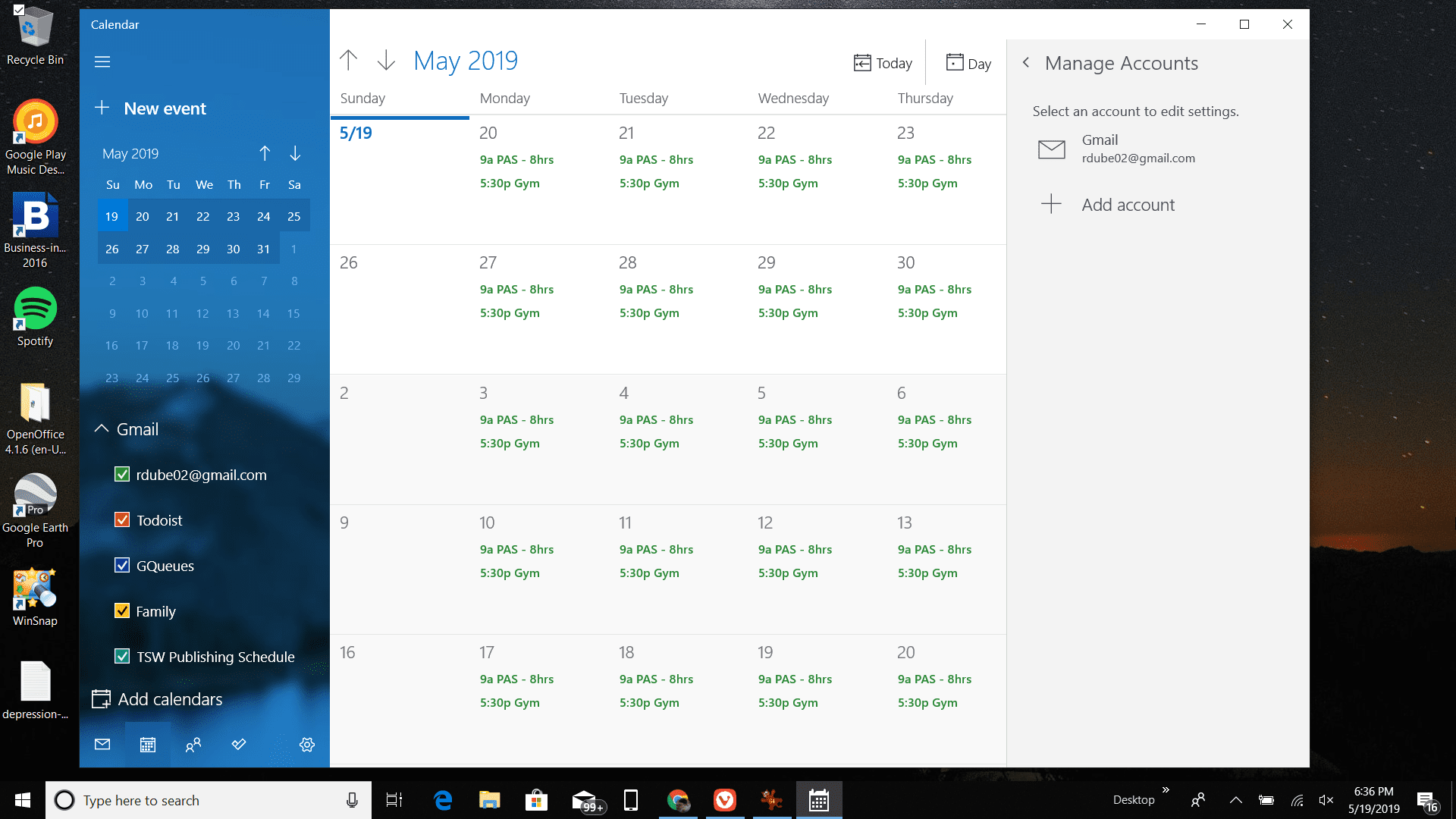 Screenshot z Windows Calendar synchronizovaného s vaším účtem Google