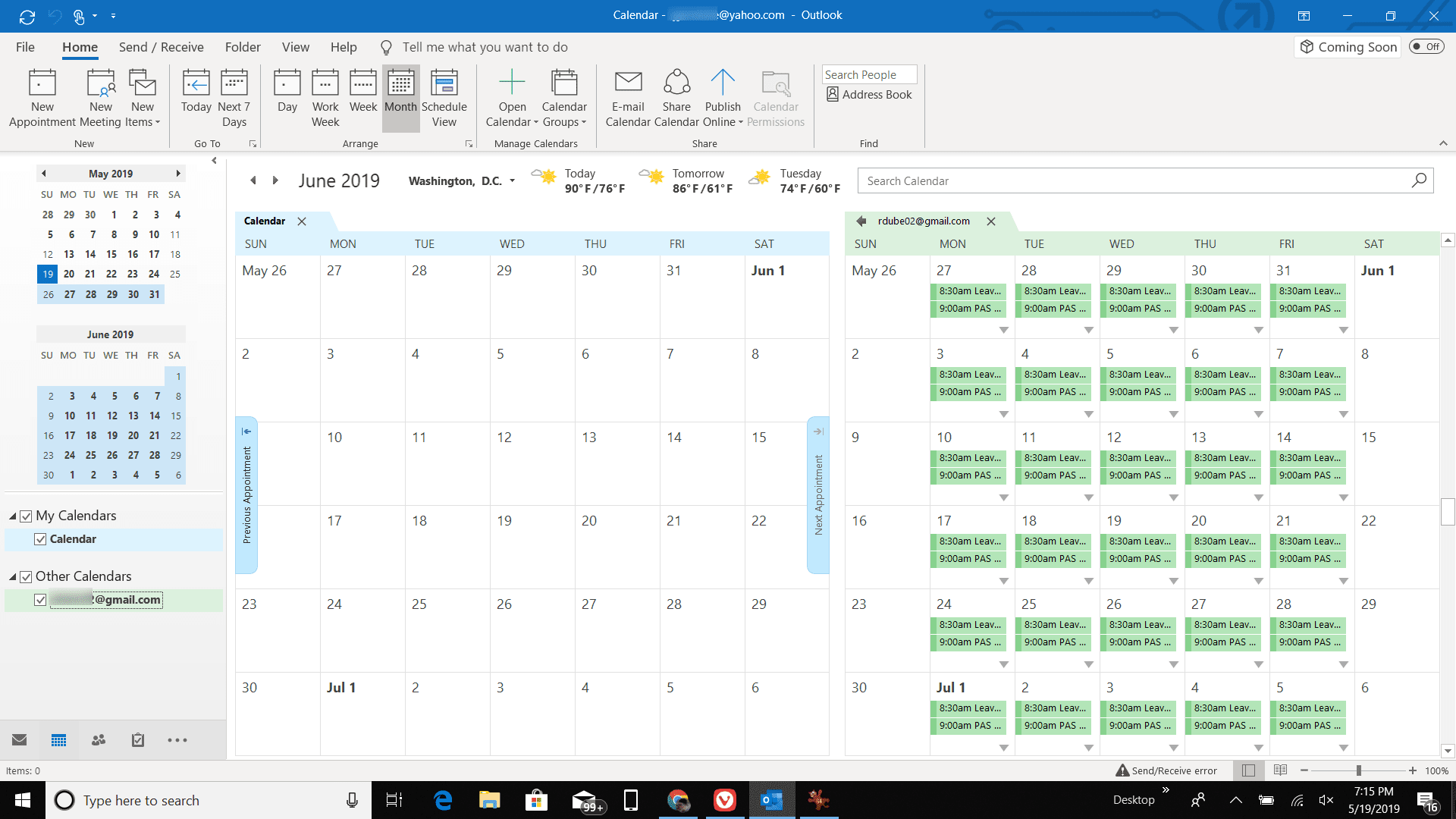 Screenshot z kalendáře aplikace Outlook synchronizovaného s Kalendářem Google
