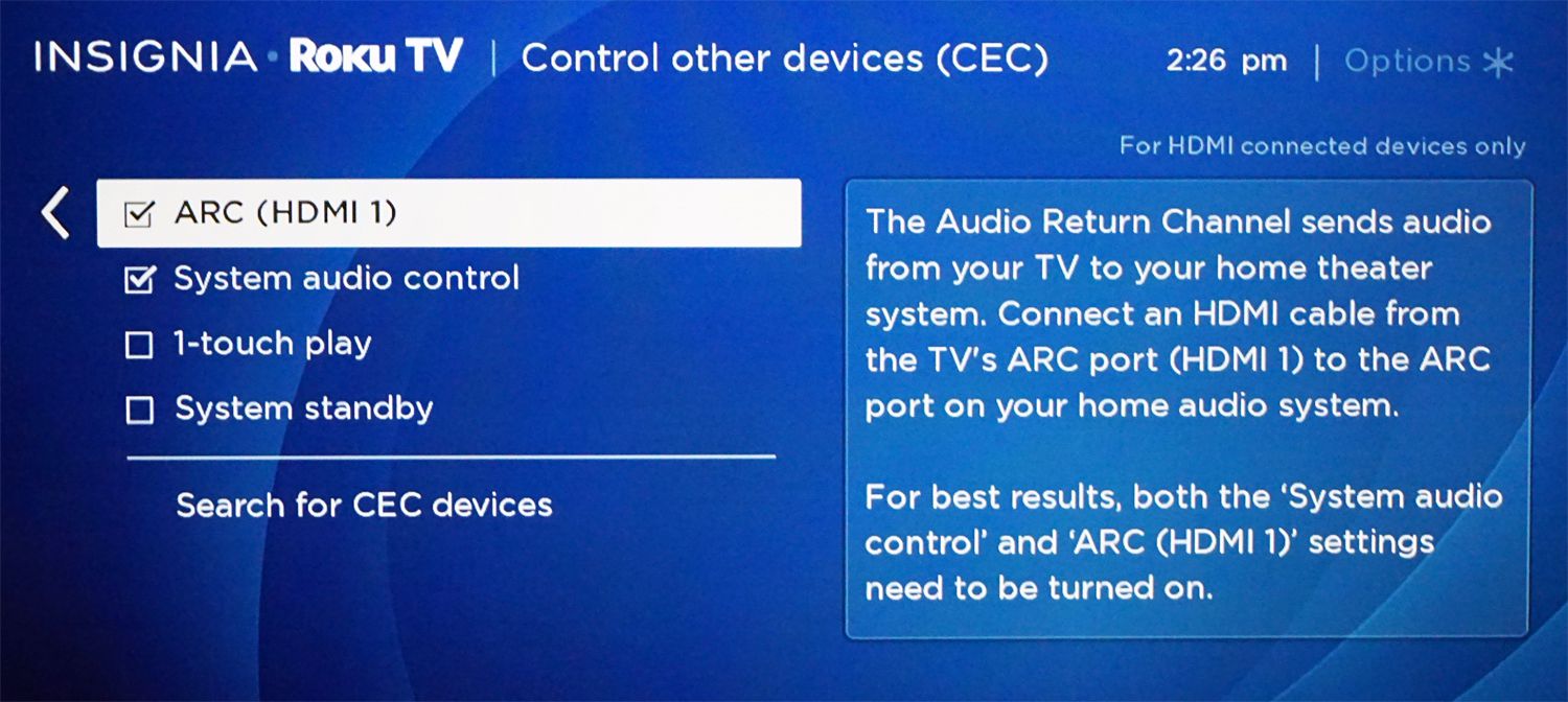 Nabídka nastavení Roku TV HDMI-ARC