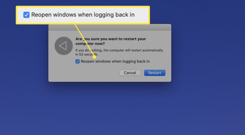 Dialogové okno restartu MacBooku se zvýrazněným „Znovuotevření oken při přihlašování“