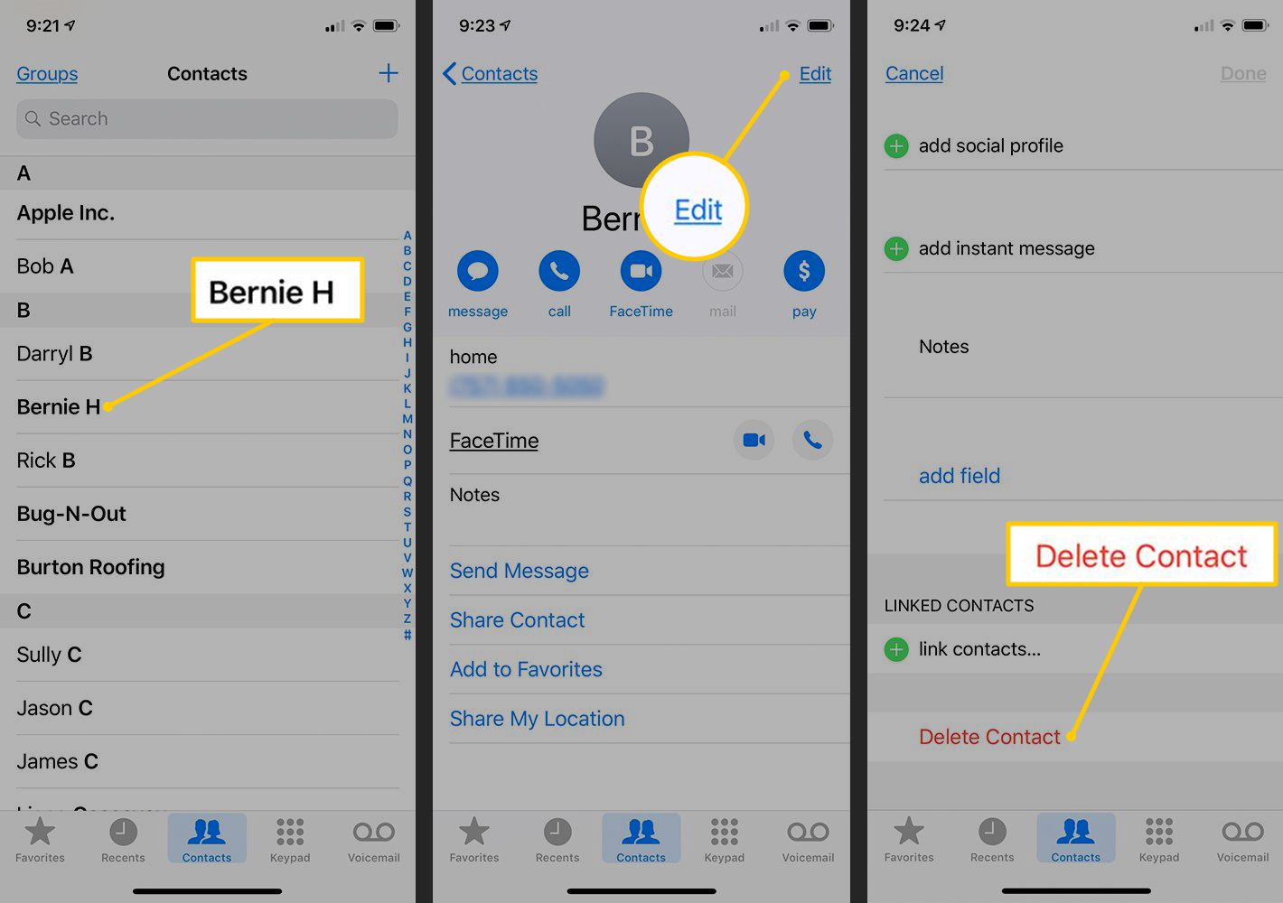 Kontakt, tlačítko Upravit, tlačítko Odstranit kontakt v systému iOS