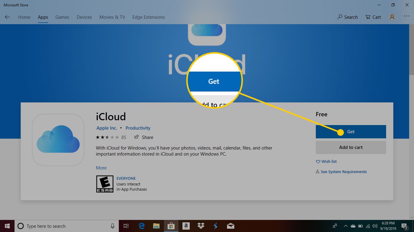 Stránka iCloud v Microsoft Storu se zvýrazněným tlačítkem Získat