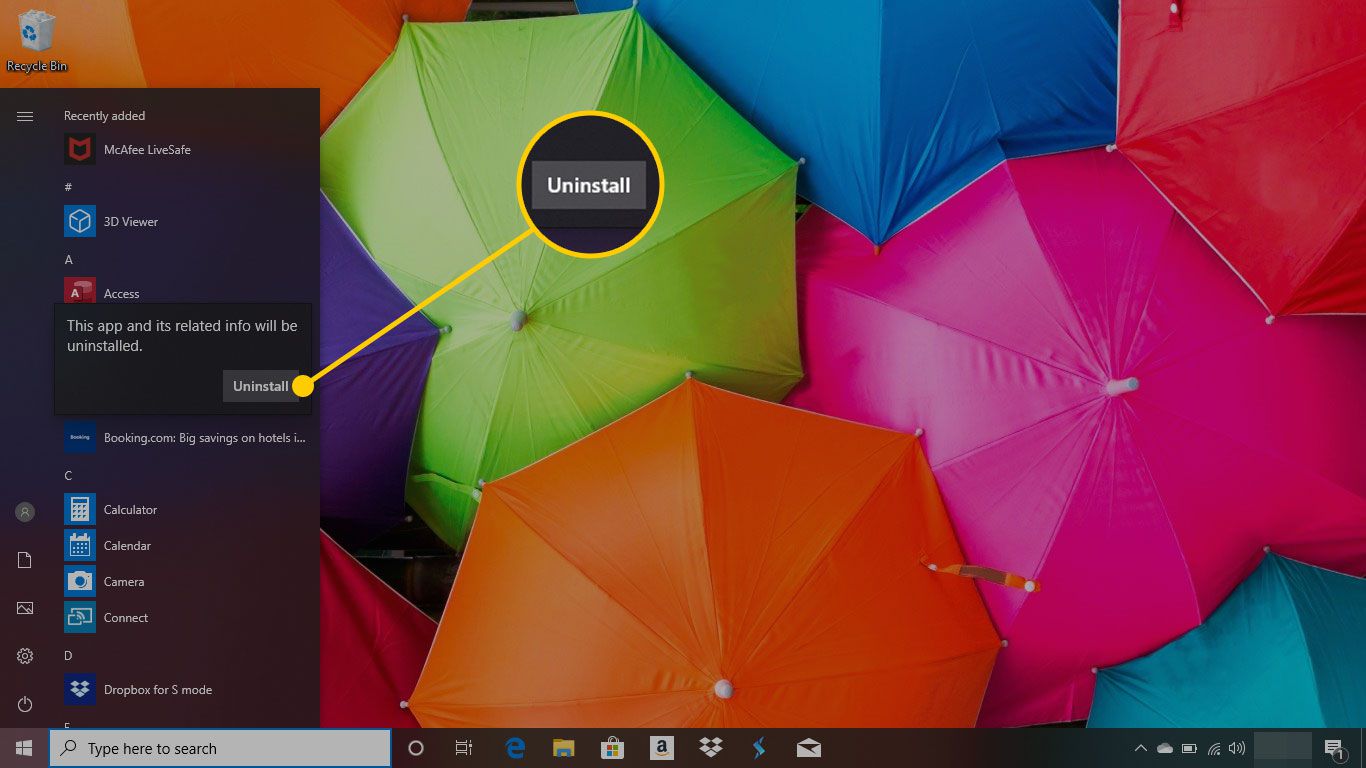 Potvrzovací pole ve Windows 10 se zvýrazněným tlačítkem Odinstalovat