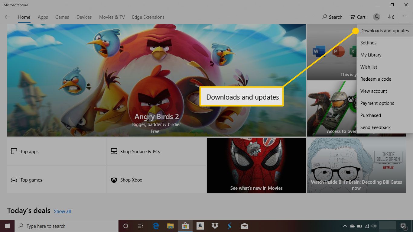 Microsoft Store se zvýrazněnou položkou „Stahování a aktualizace“