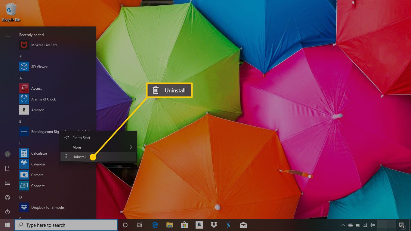 Nabídka možností pro aplikaci Windows 10 se zvýrazněnou možností Odinstalovat