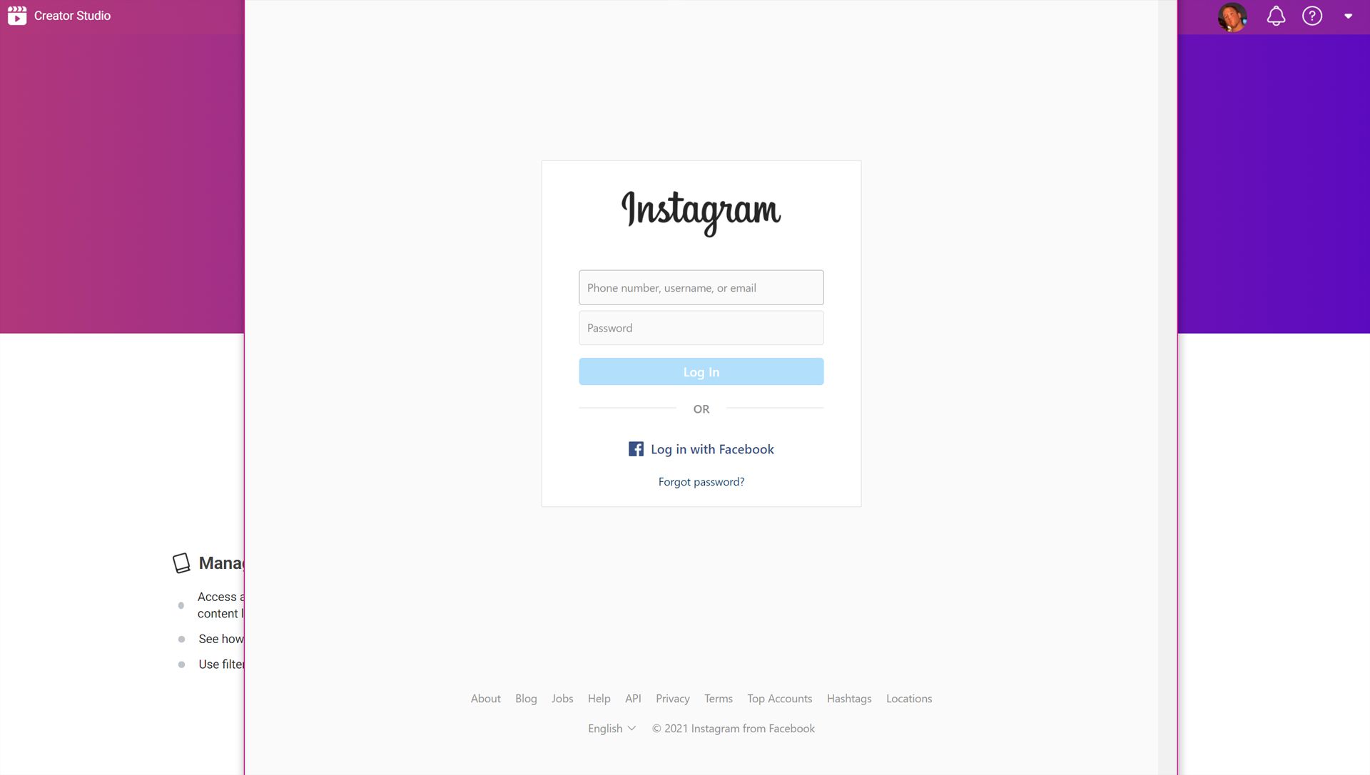 Web aplikace Instagram Creator Studio.