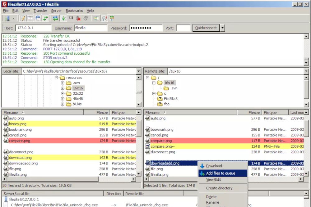 Obrázek hlavního rozhraní softwaru serveru FTP Filezilla