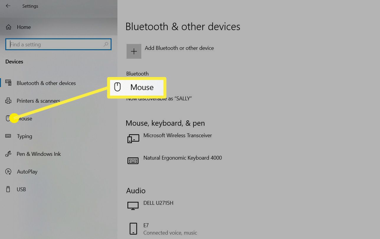 Možnost Myš v okně Bluetooth a další zařízení.