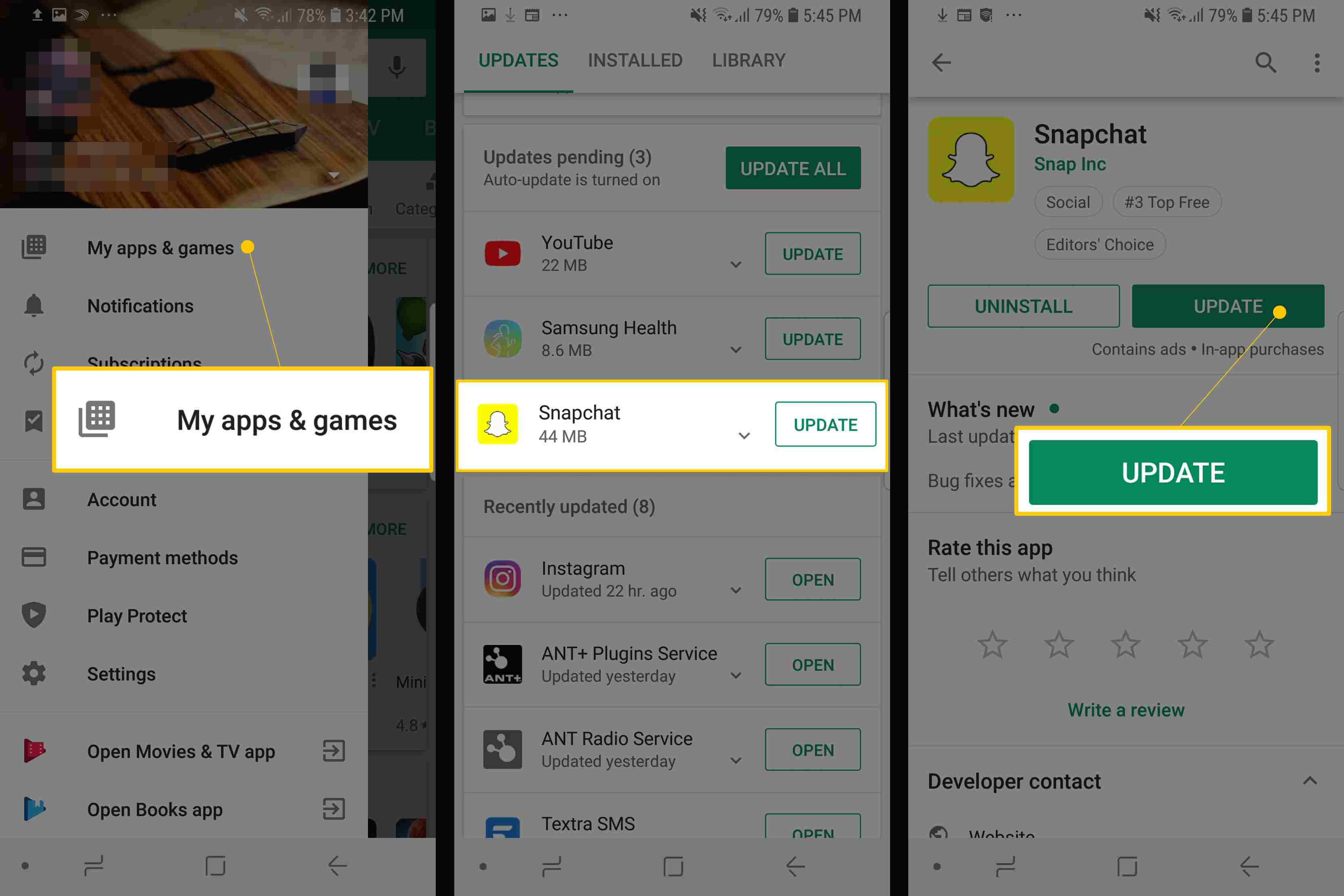 Tři obrazovky Snapchat pro Android zobrazující Moje aplikace a hry, Aktualizace Snapchat v seznamu a Tlačítko Aktualizovat