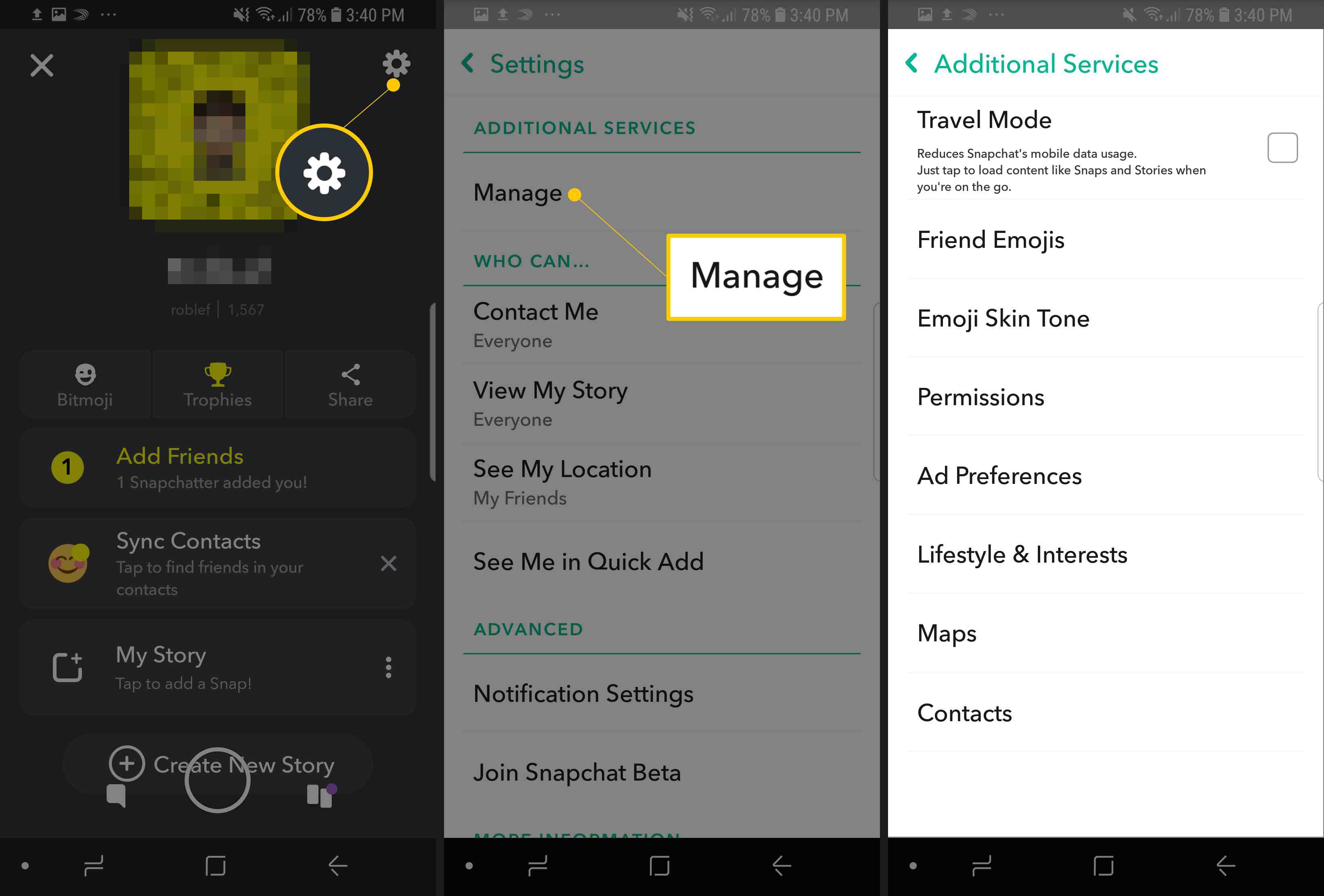 Tři Snapchat pro obrazovky Android s ikonou Gear, tlačítkem Správa a stránkou Další služby