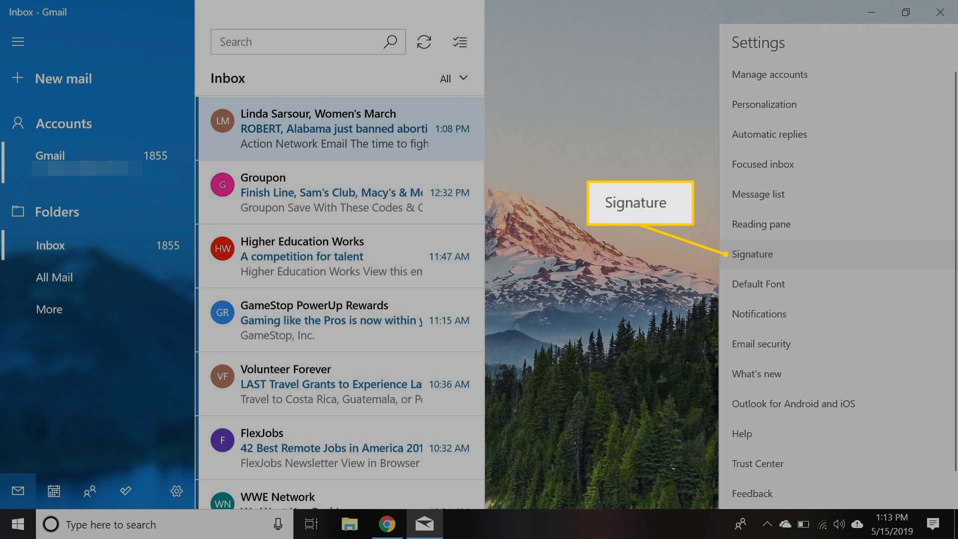 Položka nabídky Podpis ve Windows 10