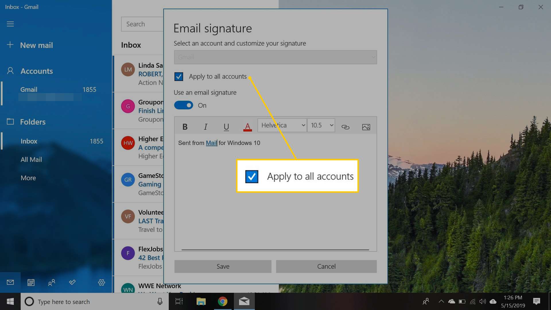 Možnost Použít na všechny účty v dialogovém okně Podpis e-mailu