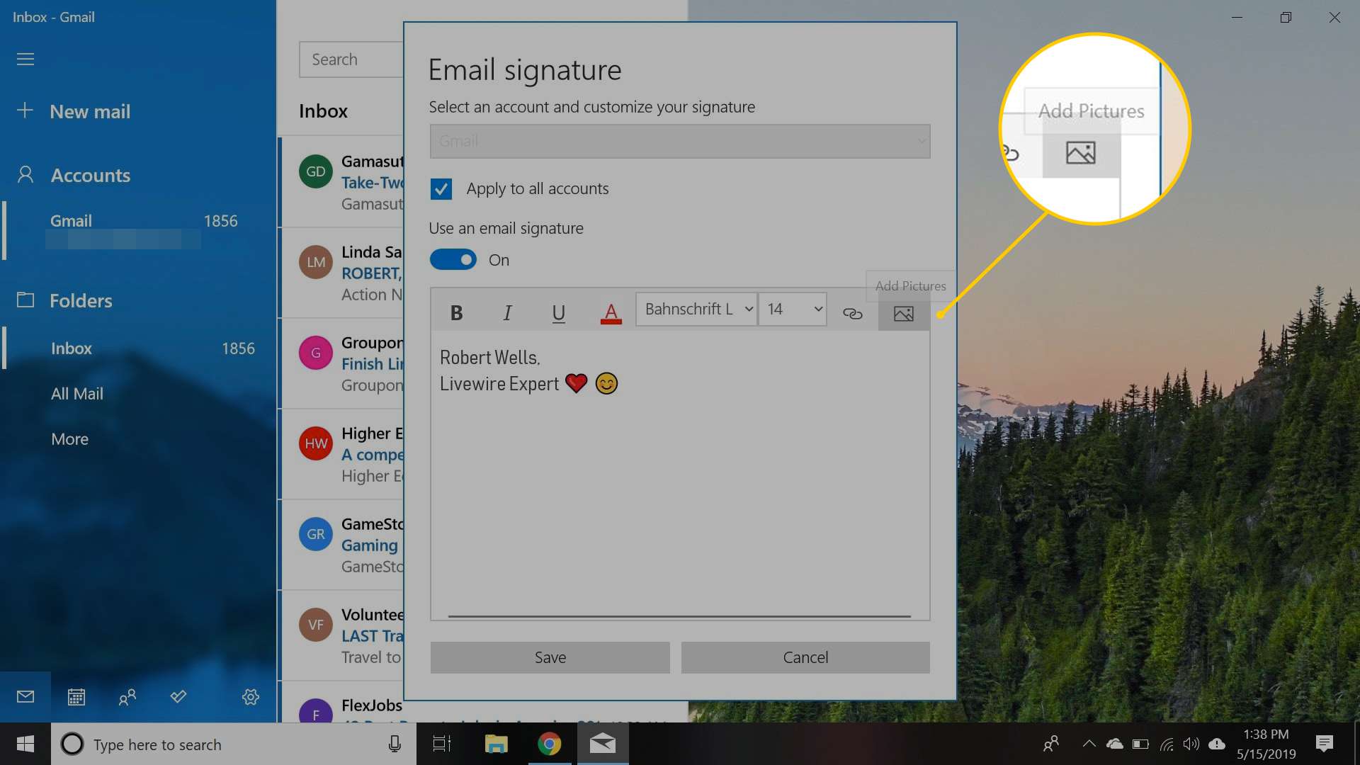 Tlačítko Přidat obrázky v dialogovém okně podpisu Windows 10 Mail