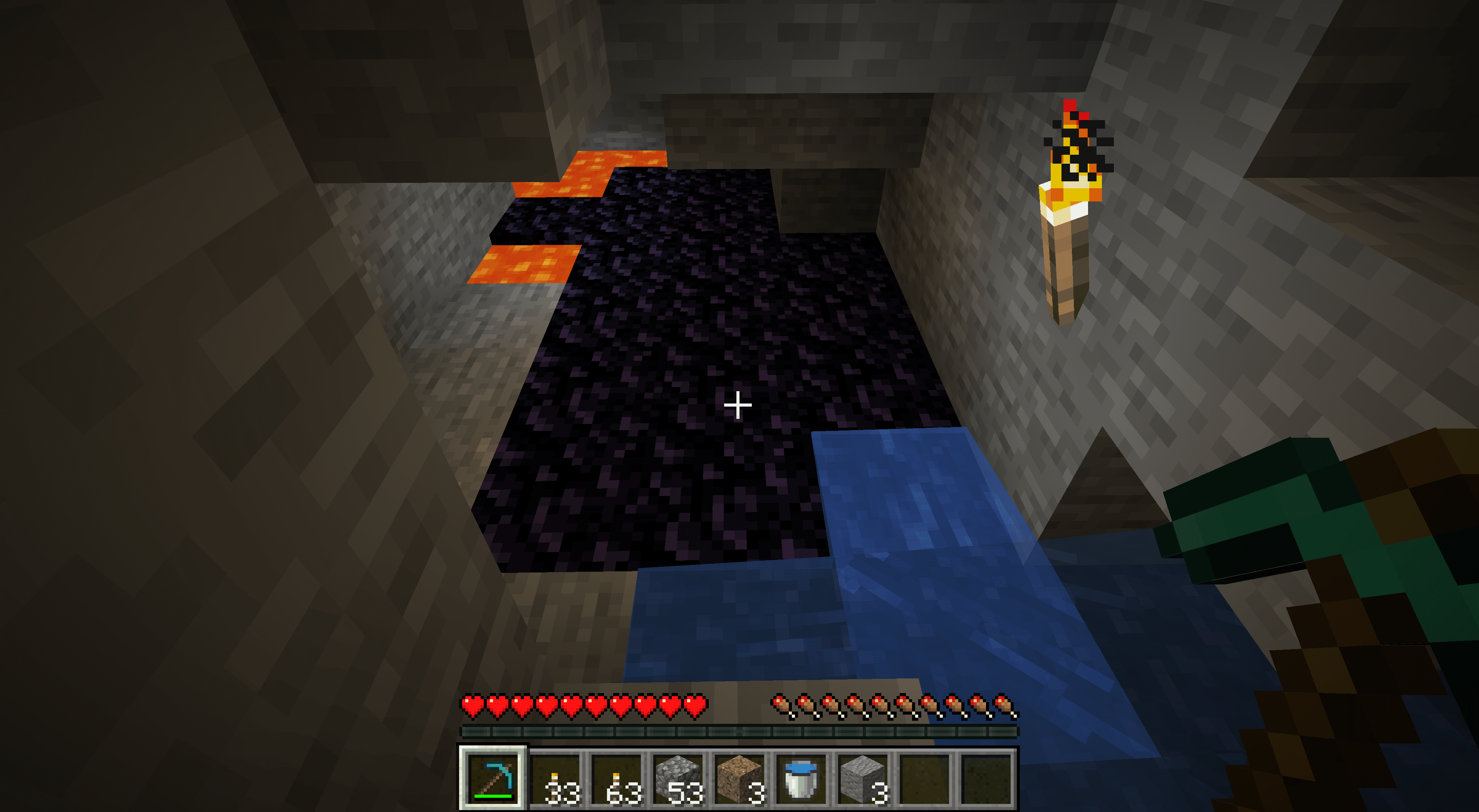 Těžba přírodního obsidiánu v podzemí v Minecraftu.
