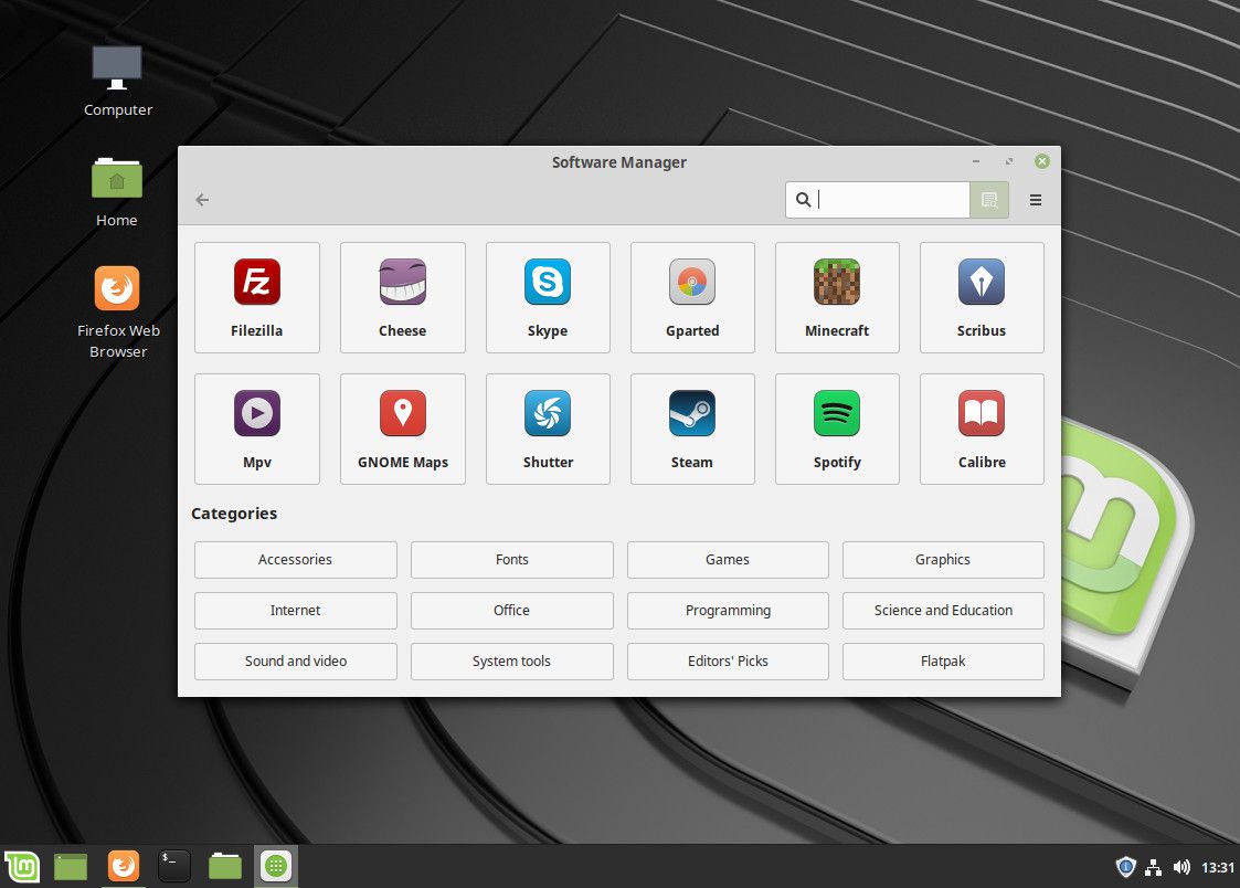 Screenshot správce softwaru Linux Mint.