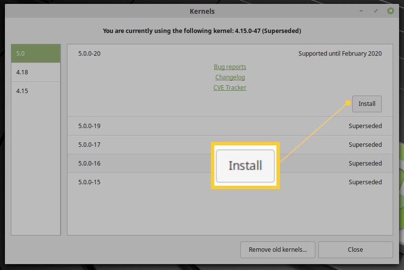 Screenshot instalace novějšího jádra na Linux Mint.