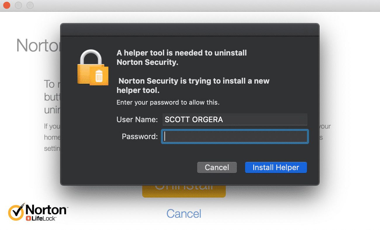 Dialog Instalovat pomocníka pro odinstalování produktu Norton