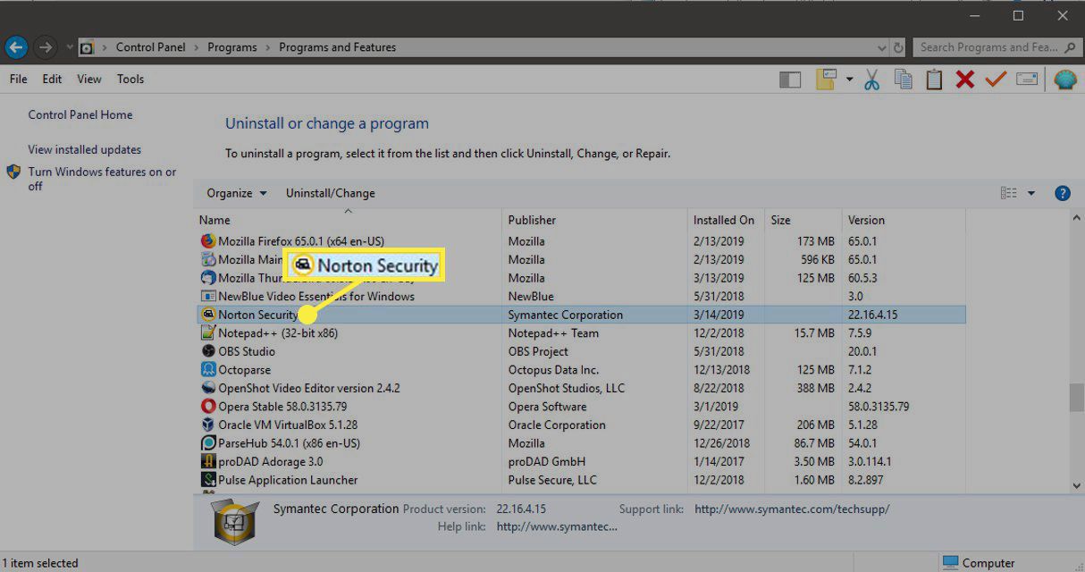 Norton Security v programech a funkcích systému Windows 10