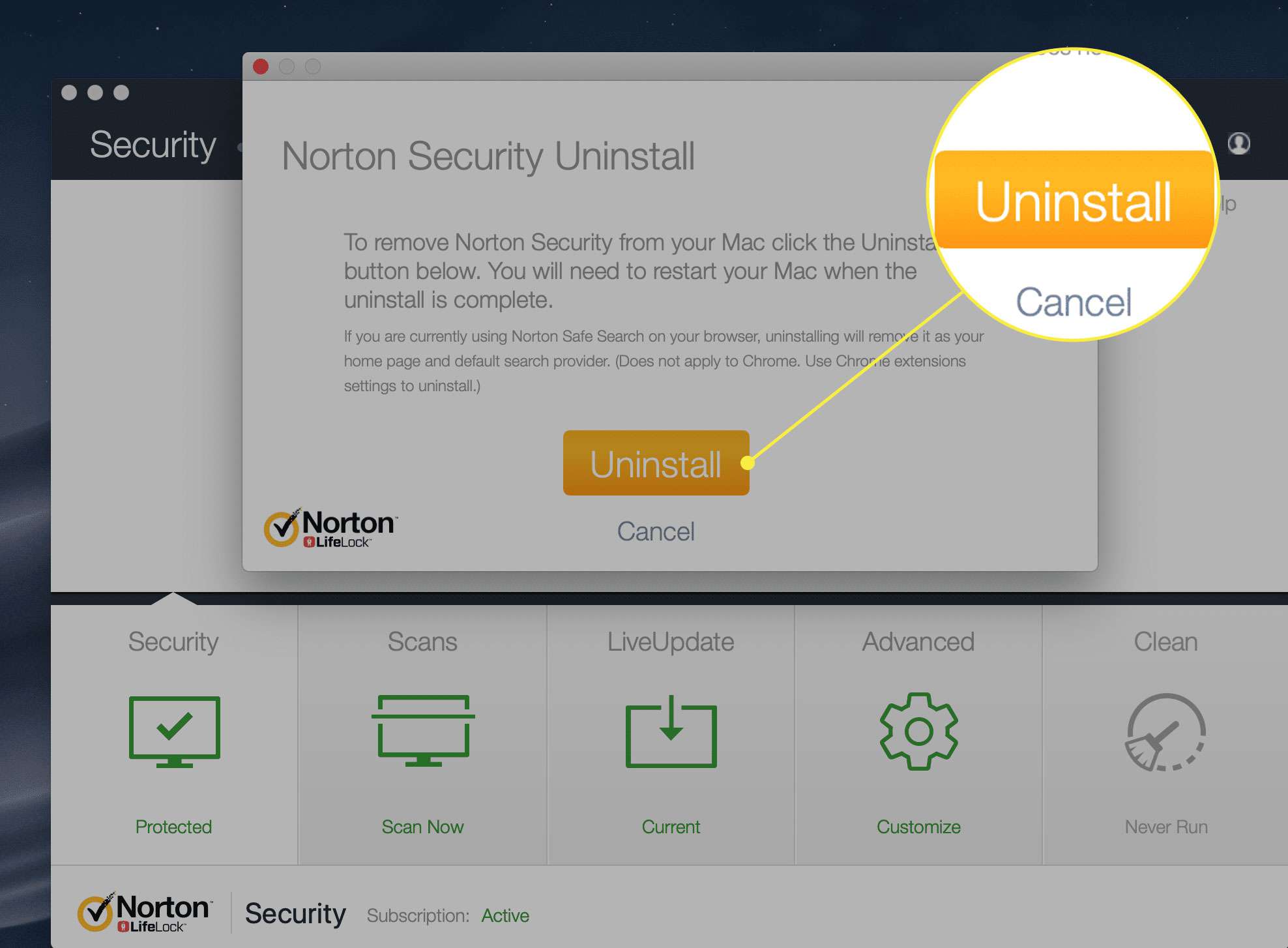 Tlačítko Odinstalovat v Norton Security Uninstall