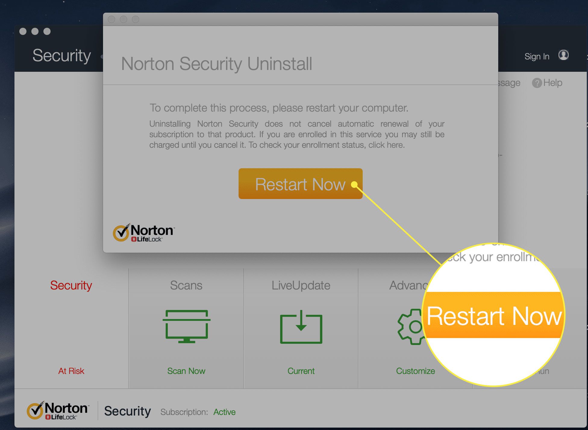 Tlačítko Restartovat nyní v Norton Security Uninstall