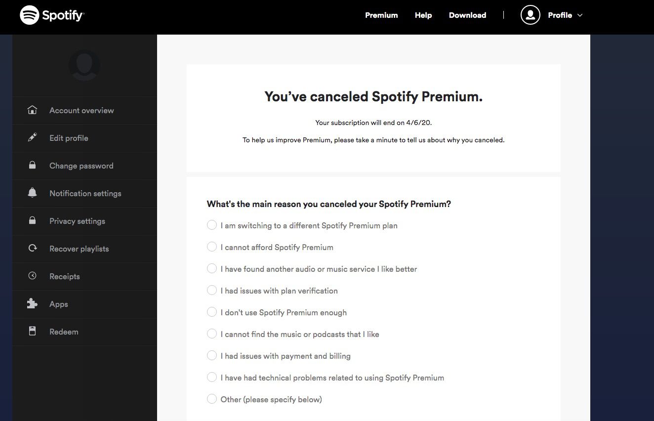 Zpráva Spotify Premium byla zrušena