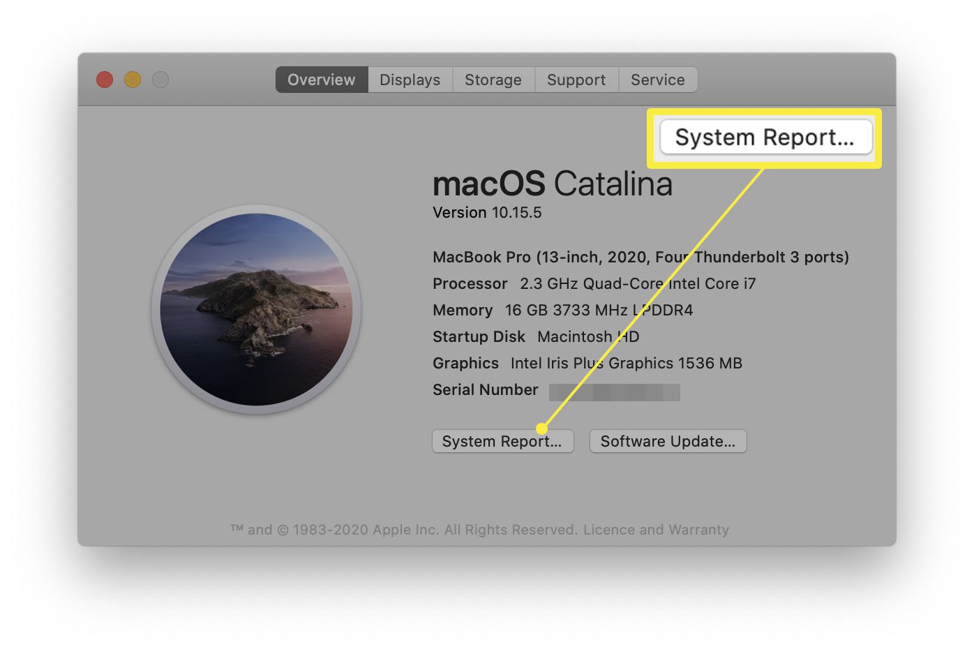 Obrazovka MacOS O této stránce se zvýrazněnou zprávou o systému