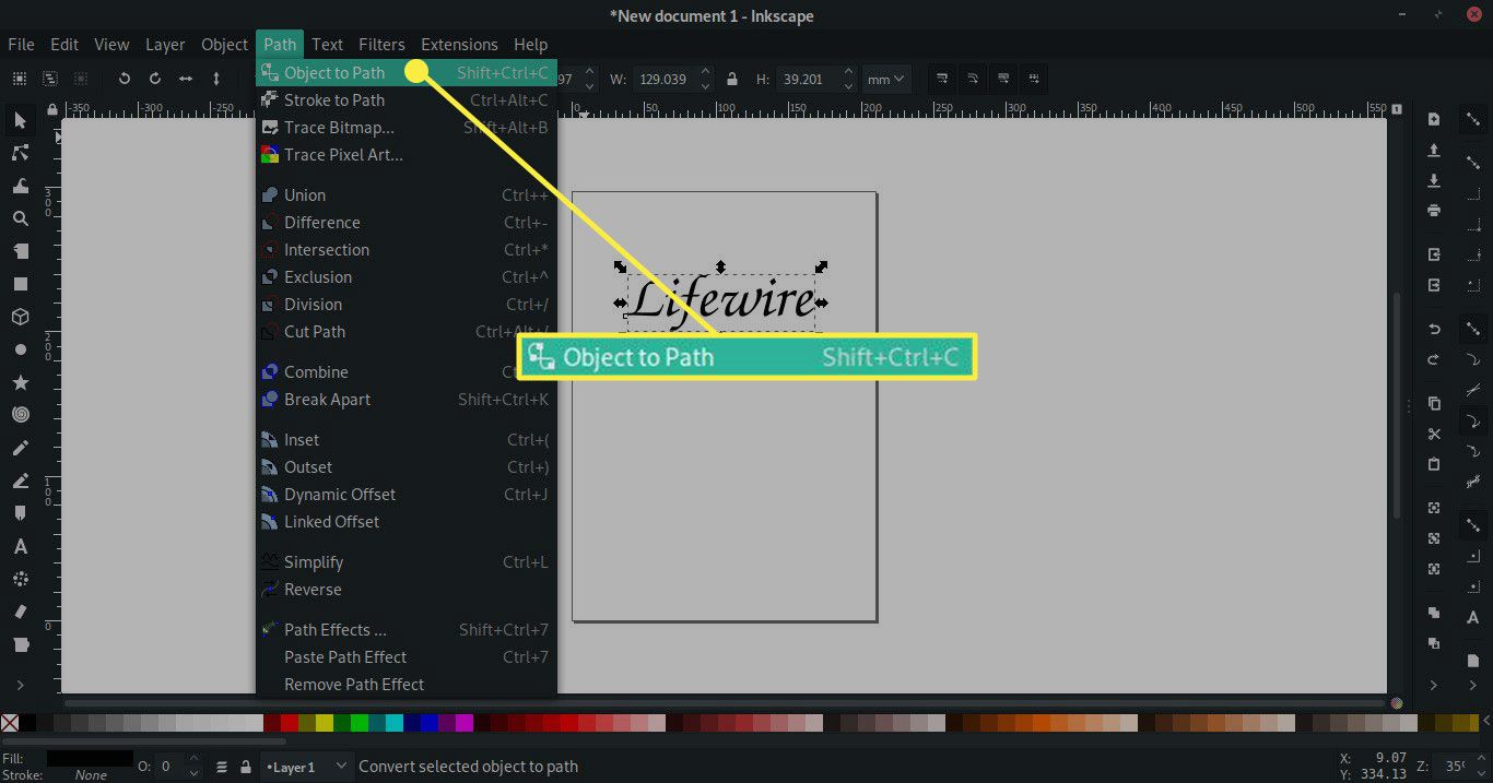 Snímek obrazovky Inkscape se zvýrazněnou možností Object to Path