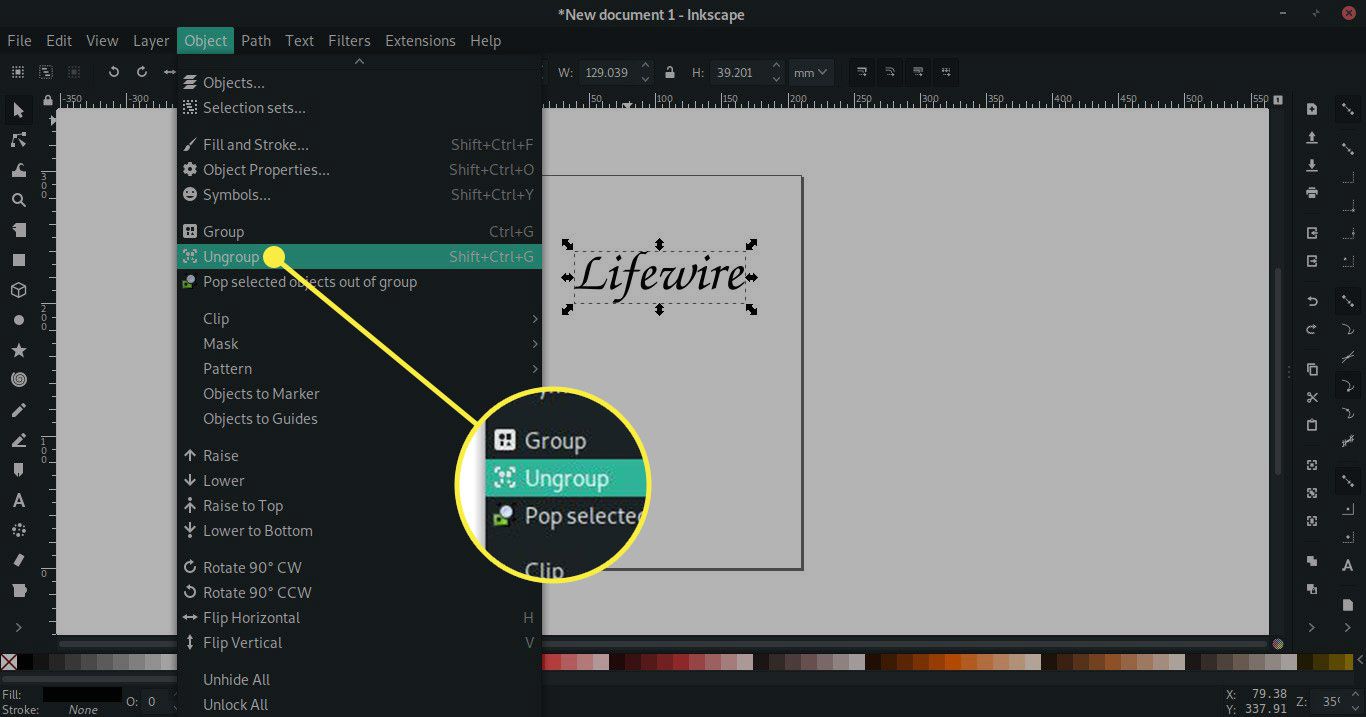 Snímek obrazovky Inkscape se zvýrazněným příkazem Oddělit