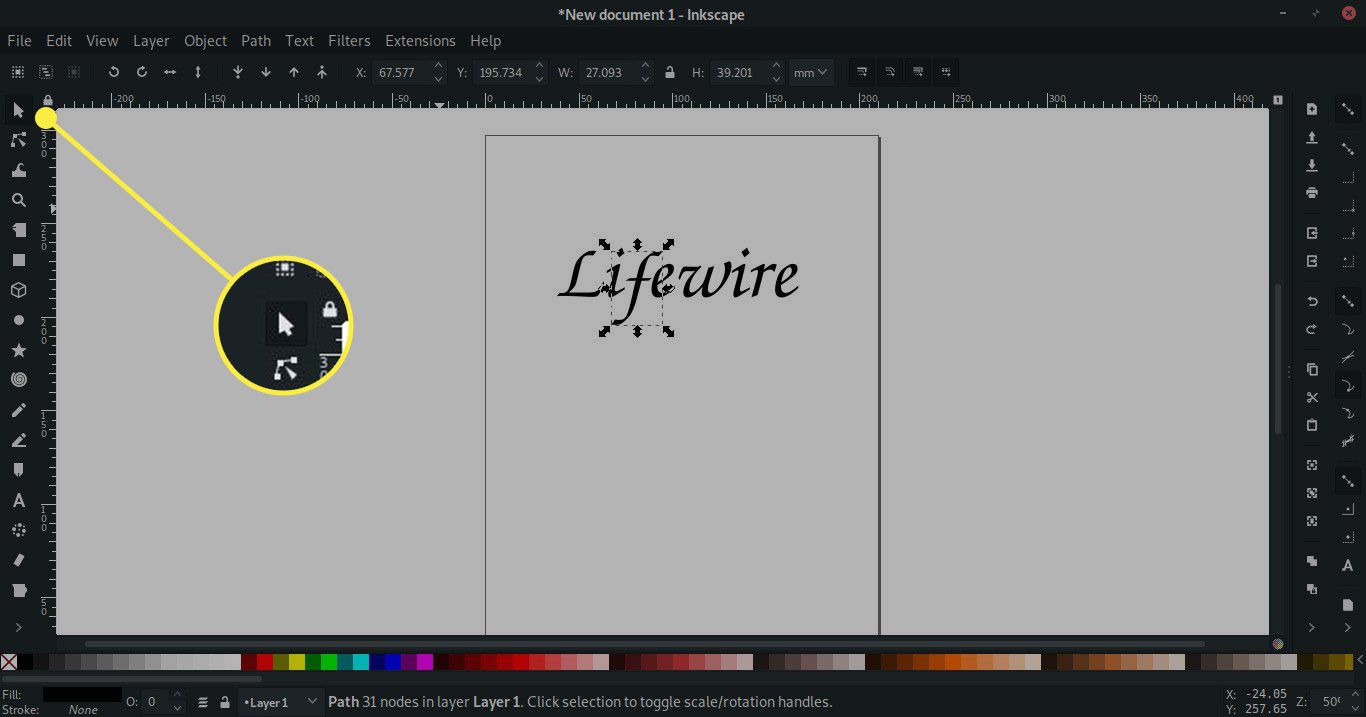 Snímek obrazovky Inkscape se zvýrazněným nástrojem Select