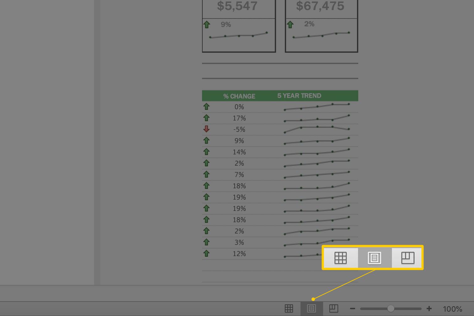 Možnosti zobrazení stránky ve stavovém řádku aplikace Excel