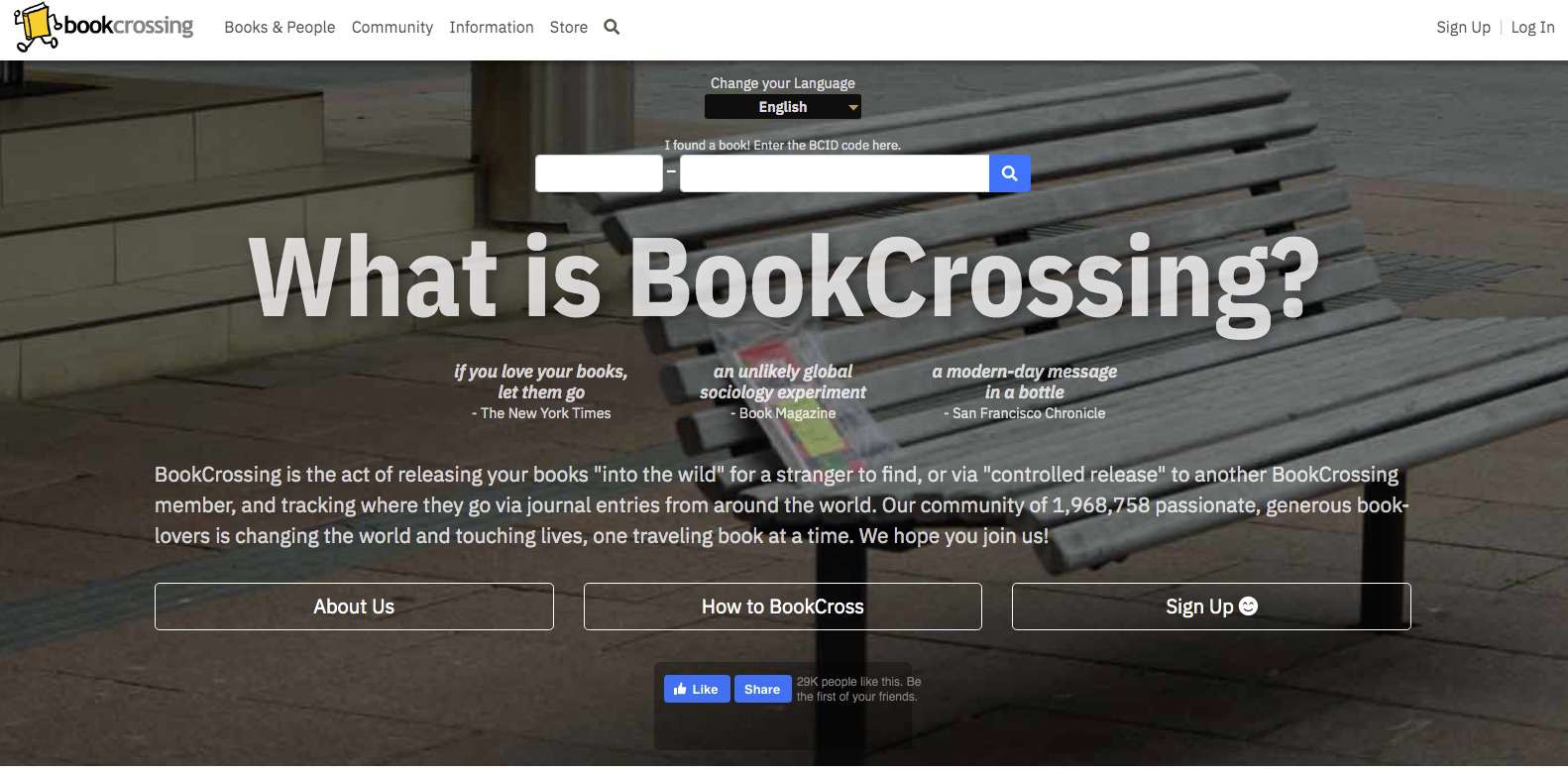 Screenshot sociální sítě zaměřené na knihu BookCrossing