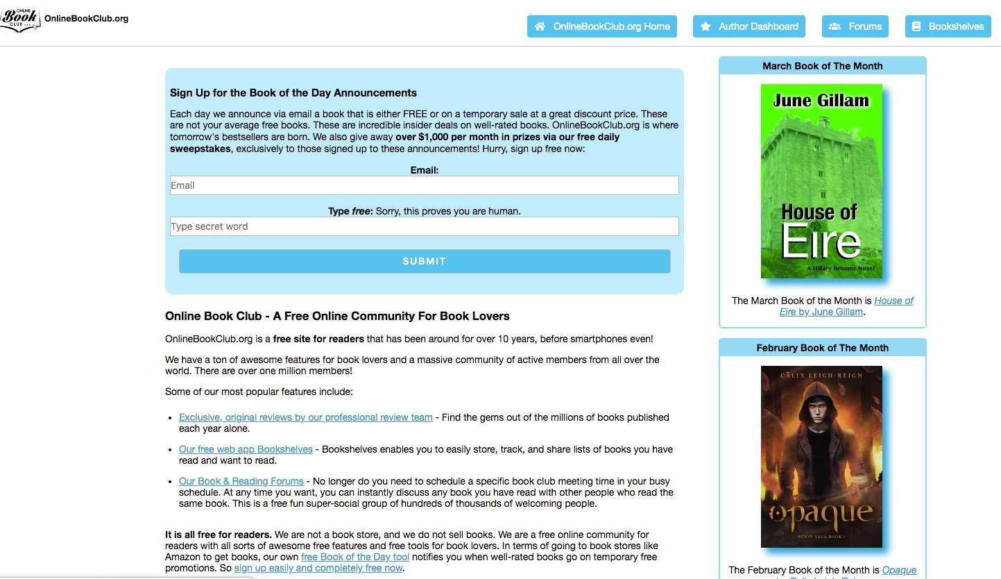 Screenshot ze sociálního webu Online Book Club zaměřeného na knihy