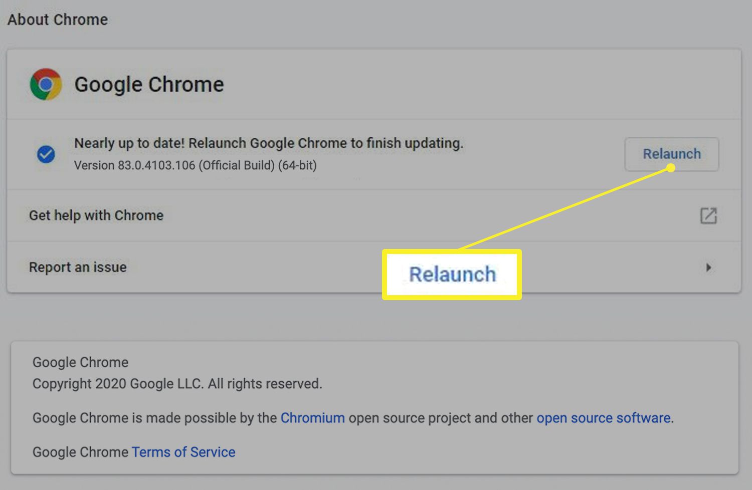 Obrazovka aktualizace Google Chrome