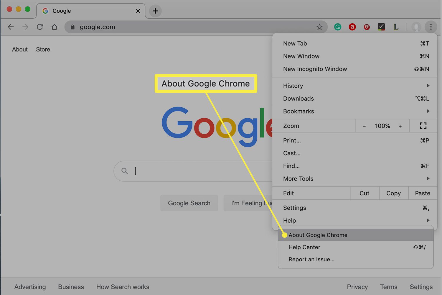 Nabídka prohlížeče Google Chrome