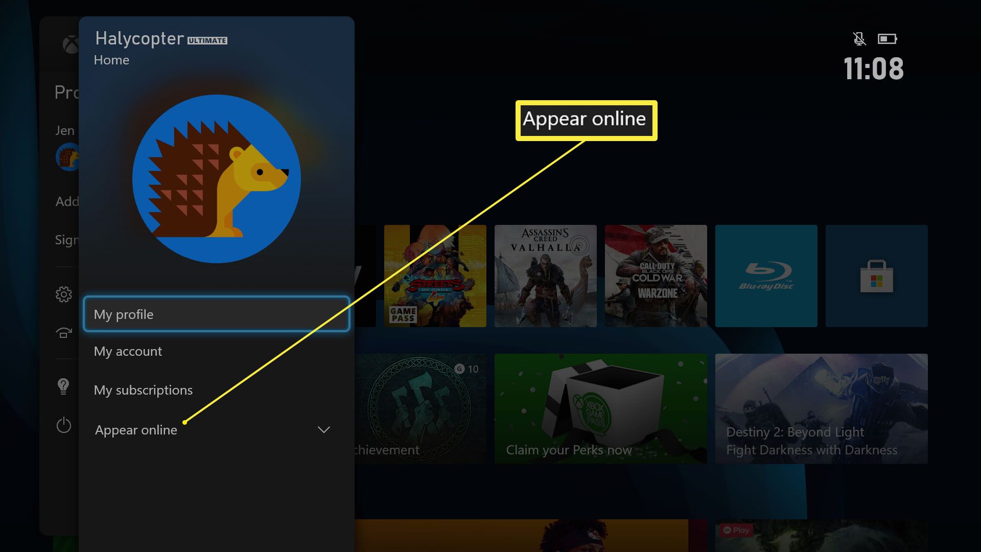 Řídicí panel Xbox Series X / S se zvýrazněnou aplikací Appear Online