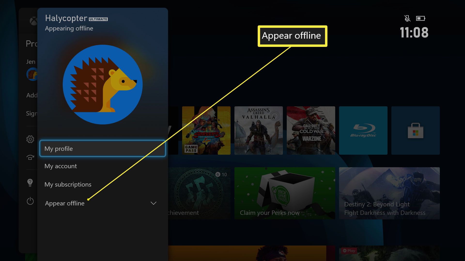 Řídicí panel Xbox Series X / S se zvýrazněním Appear Offline v uživatelském profilu