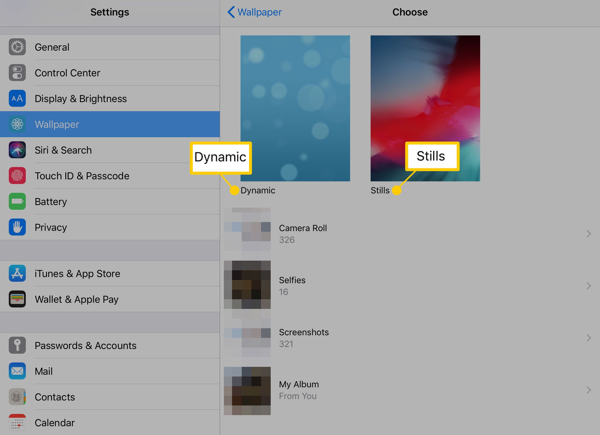 Možnosti tapety Dynamic a Stills na iPadu