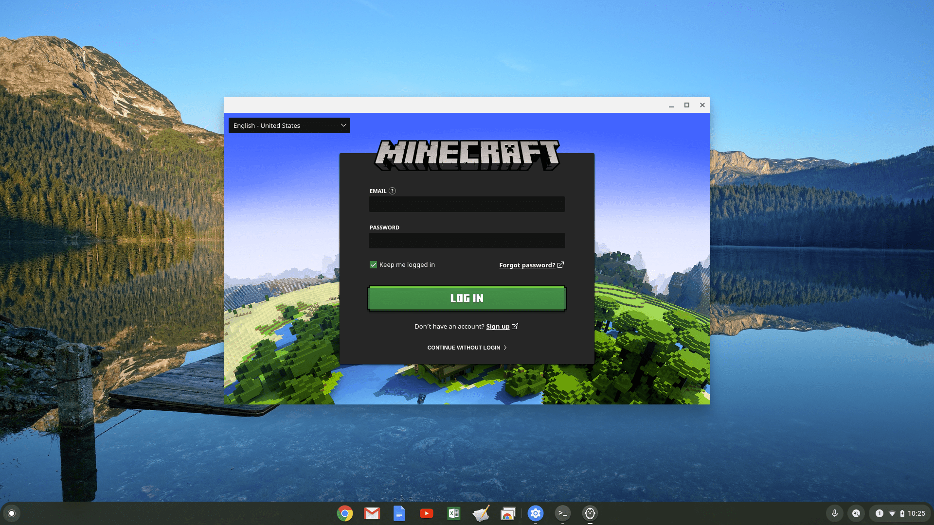 Screenshot z Minecraft Login na Chromebooku
