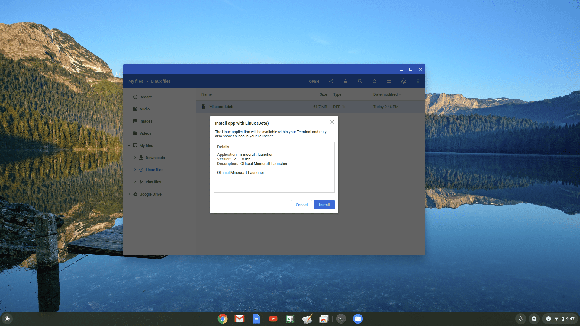 Screenshot instalace Linuxu (Beta) na Chromebooku