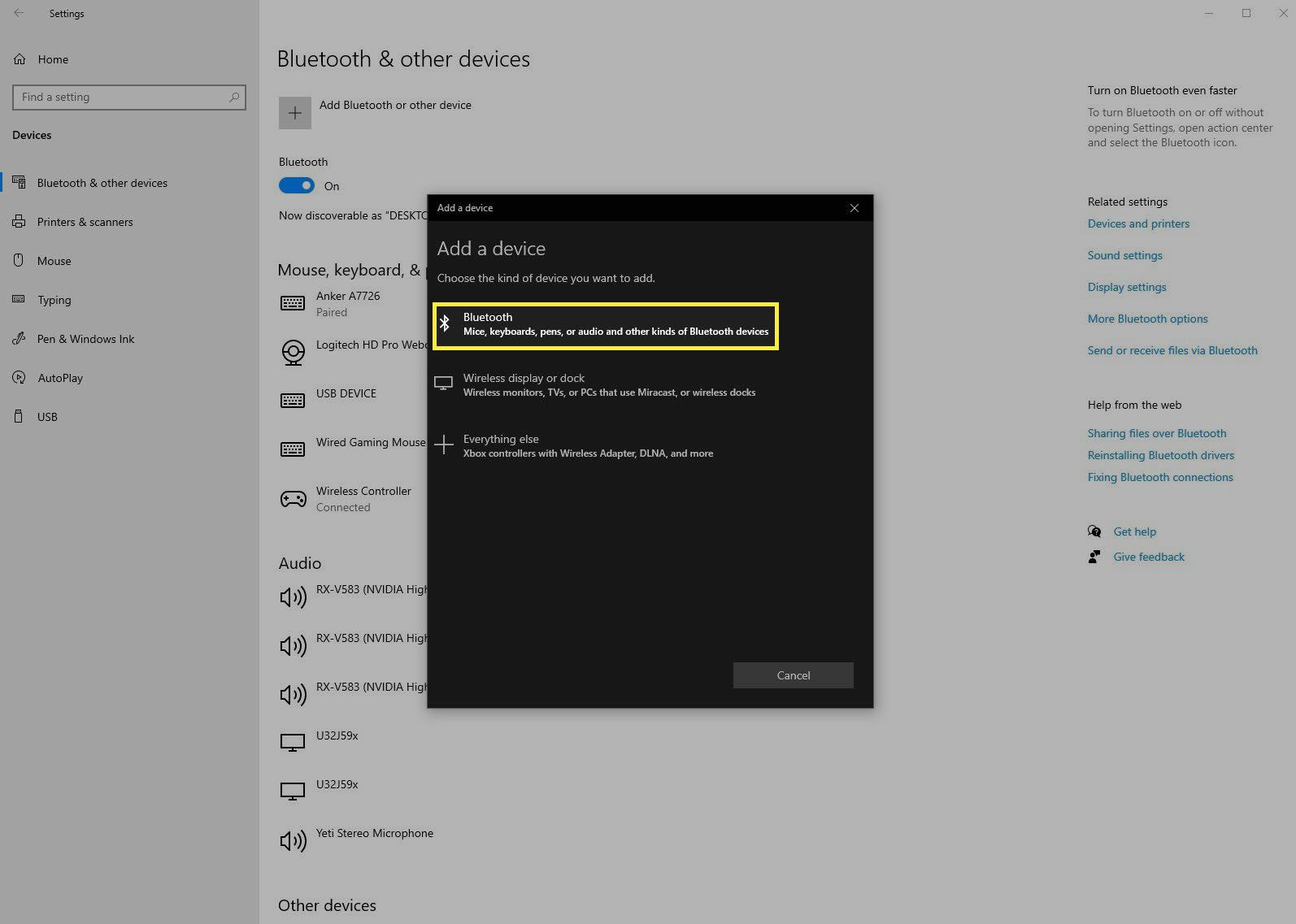 Přidání zařízení Bluetooth v podokně předvoleb systému Windows 10.