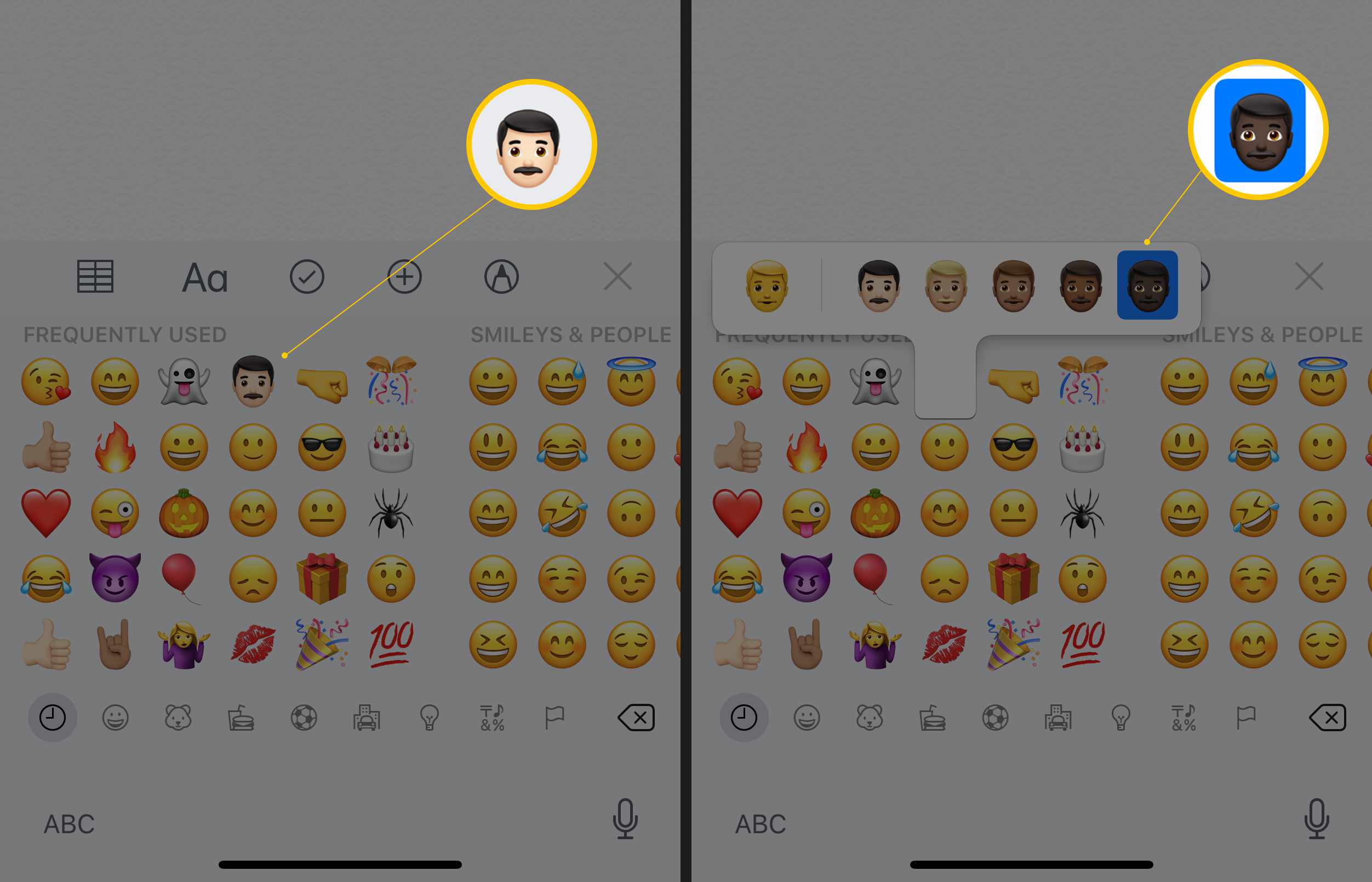 Dvě obrazovky iOS zobrazující možnosti multikulturních emodži