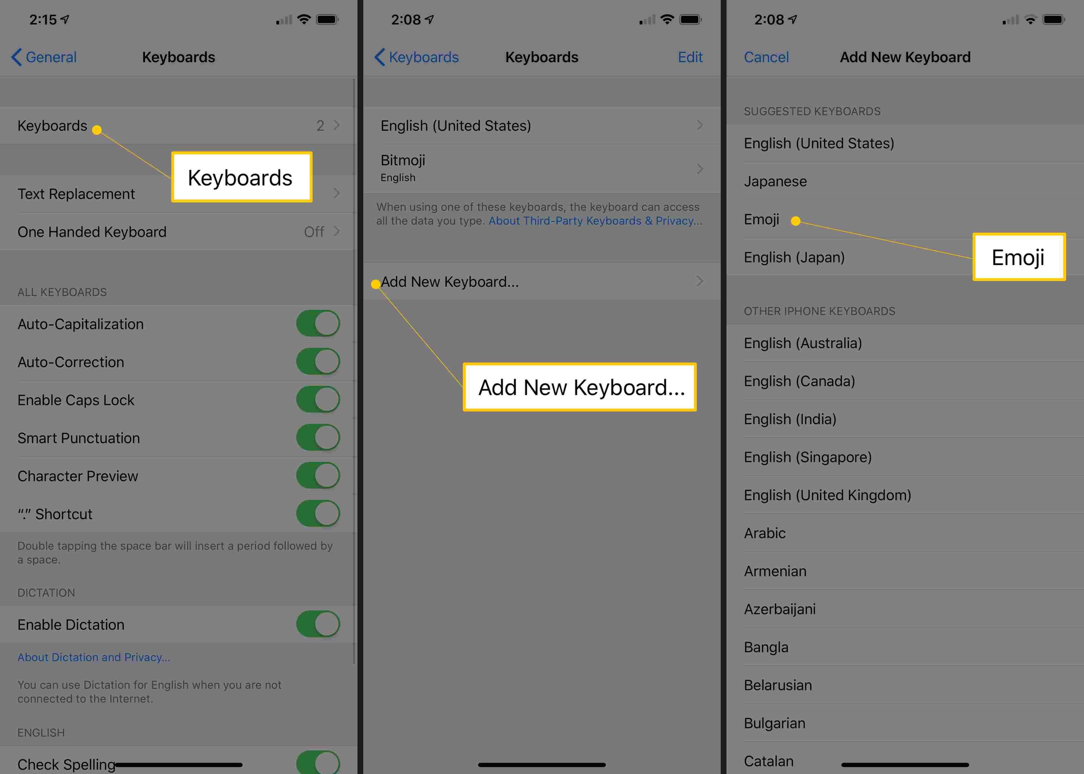Tři obrazovky iOS zobrazující klávesy, tlačítka Přidat novou klávesnici a Emoji