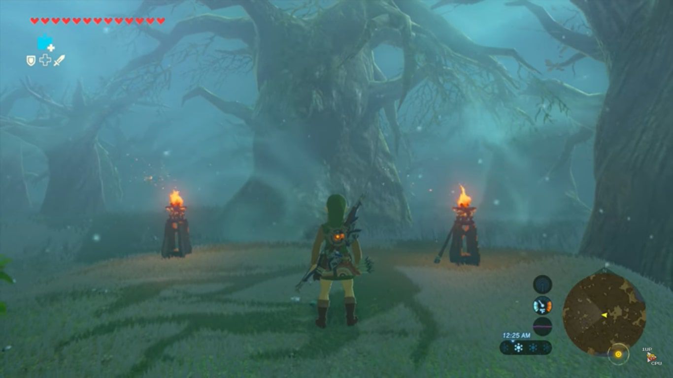 Link stojí mezi dvěma pochodněmi v Zelda: BOTW