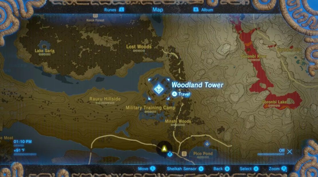 Woodland Tower jižně od Lost Woods v Zelda: BOTW