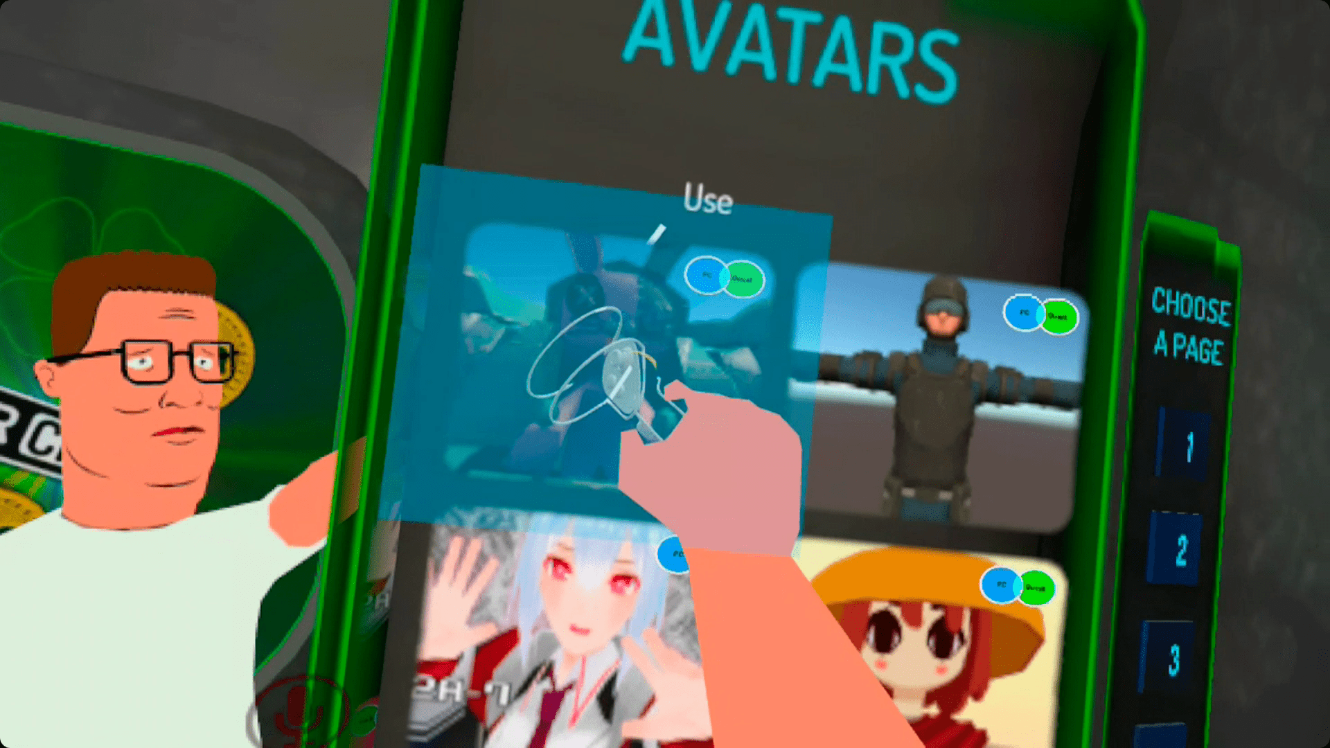 Výběr avatara ve VRChat na Quest.